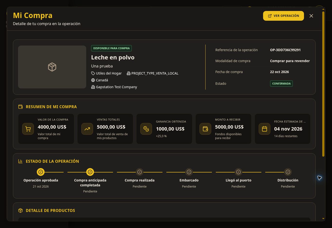 Popup Mi Compra: datos y seguimiento de la compra confirmada