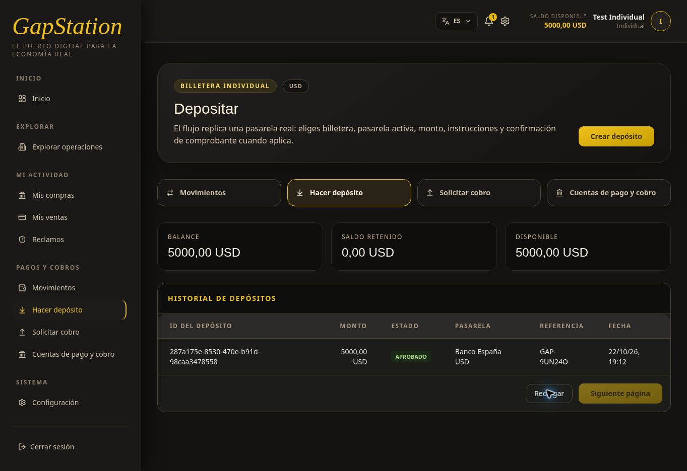 Depósito aprobado y saldo disponible de 5000 USD; campanita con una notificación