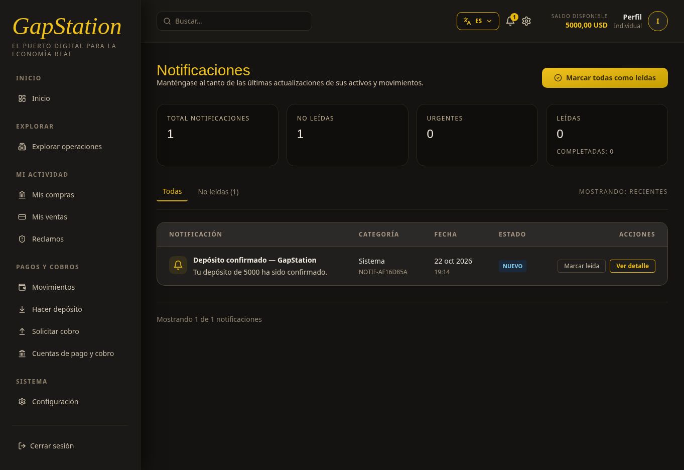 Notificación de depósito confirmado y campanita con indicador de un aviso no leído