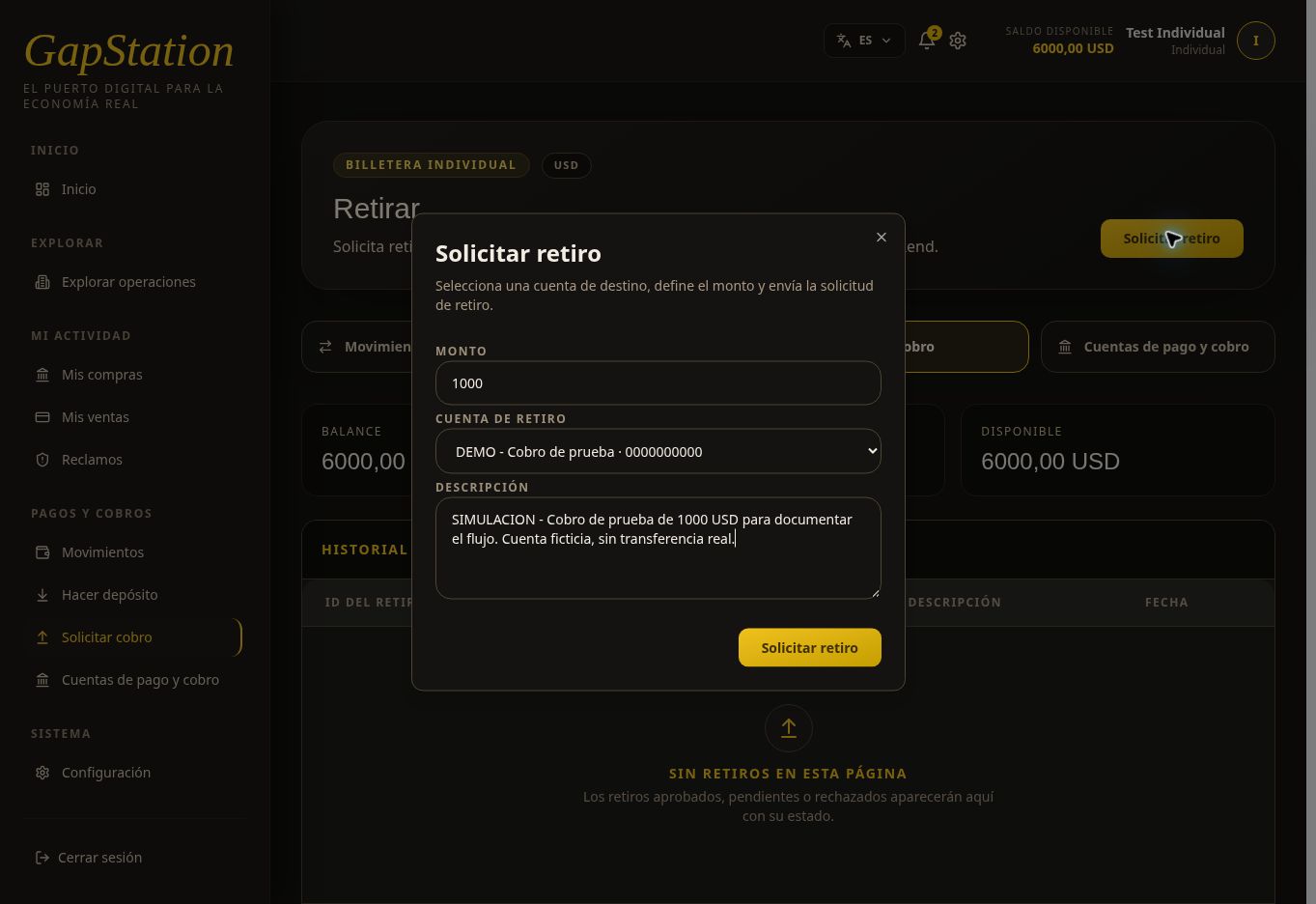 Withdrawal popup with USD 1000 amount and DEMO account selected