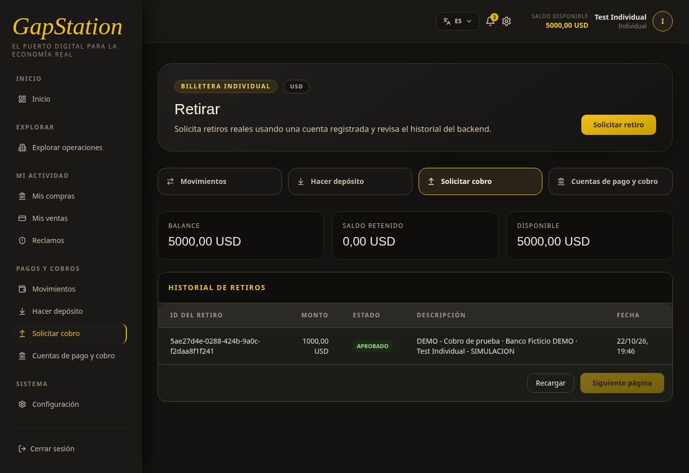 Approved USD 1000 withdrawal, USD 5000 balance, and no held funds