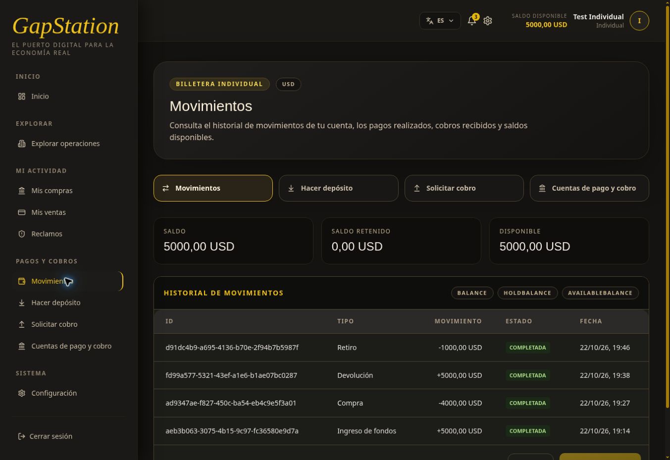 Final history showing a completed USD 1000 withdrawal